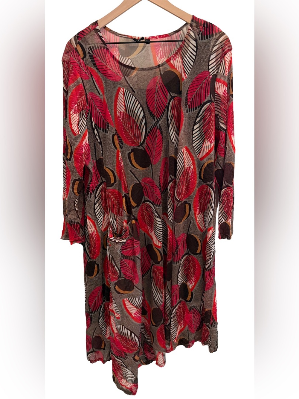 Lisa Bayne Arroyo Crinkled Mesh Dress XXL-Red Leaf Print Assymetrical Hem Artsy